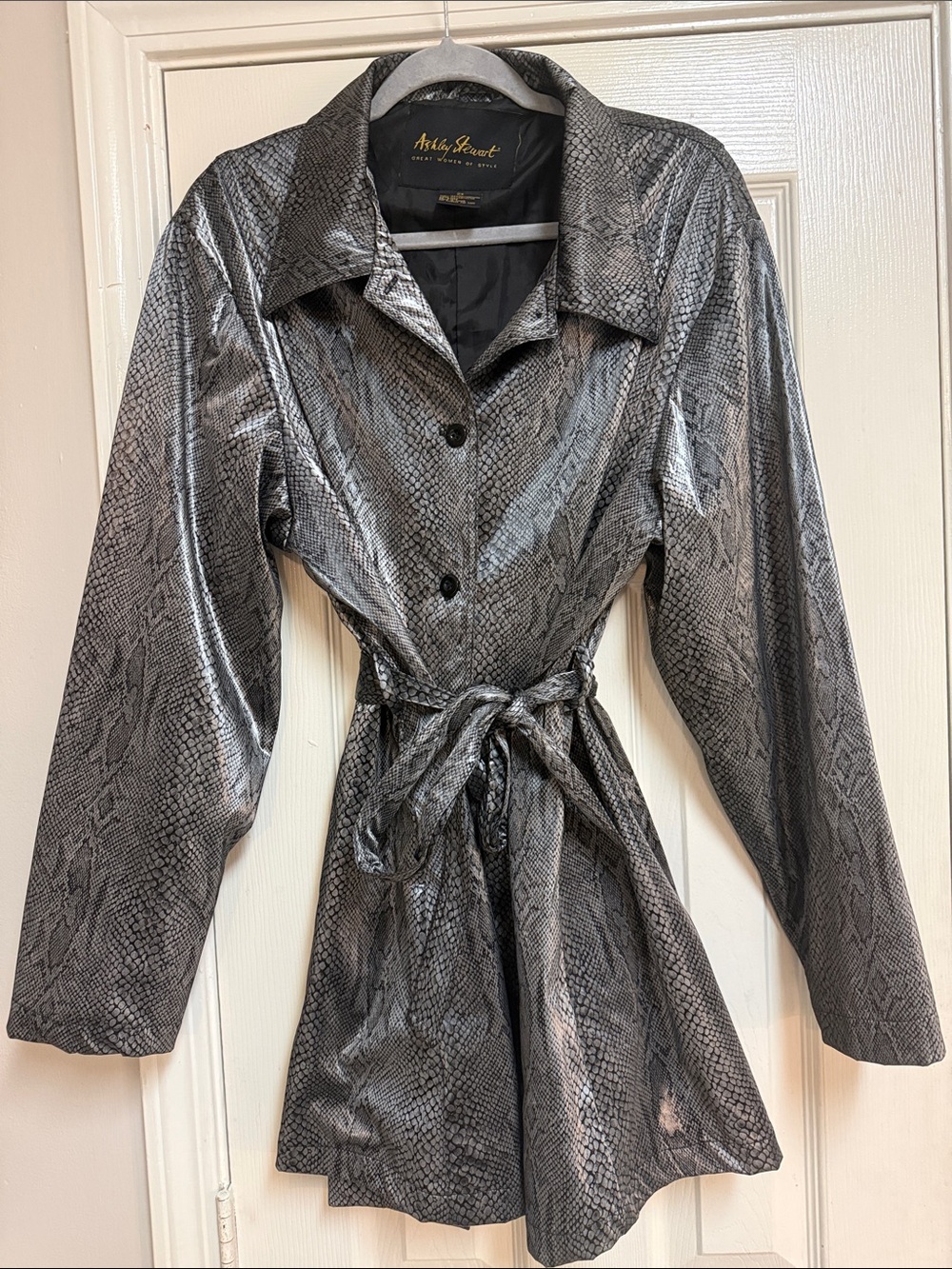 Ashley Stewart Jacket features a Shiny Silver and Gray Snake Skin Pattern